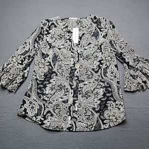 Notations Womens Top Blouse Large Grey Graphic Print‎ Boho